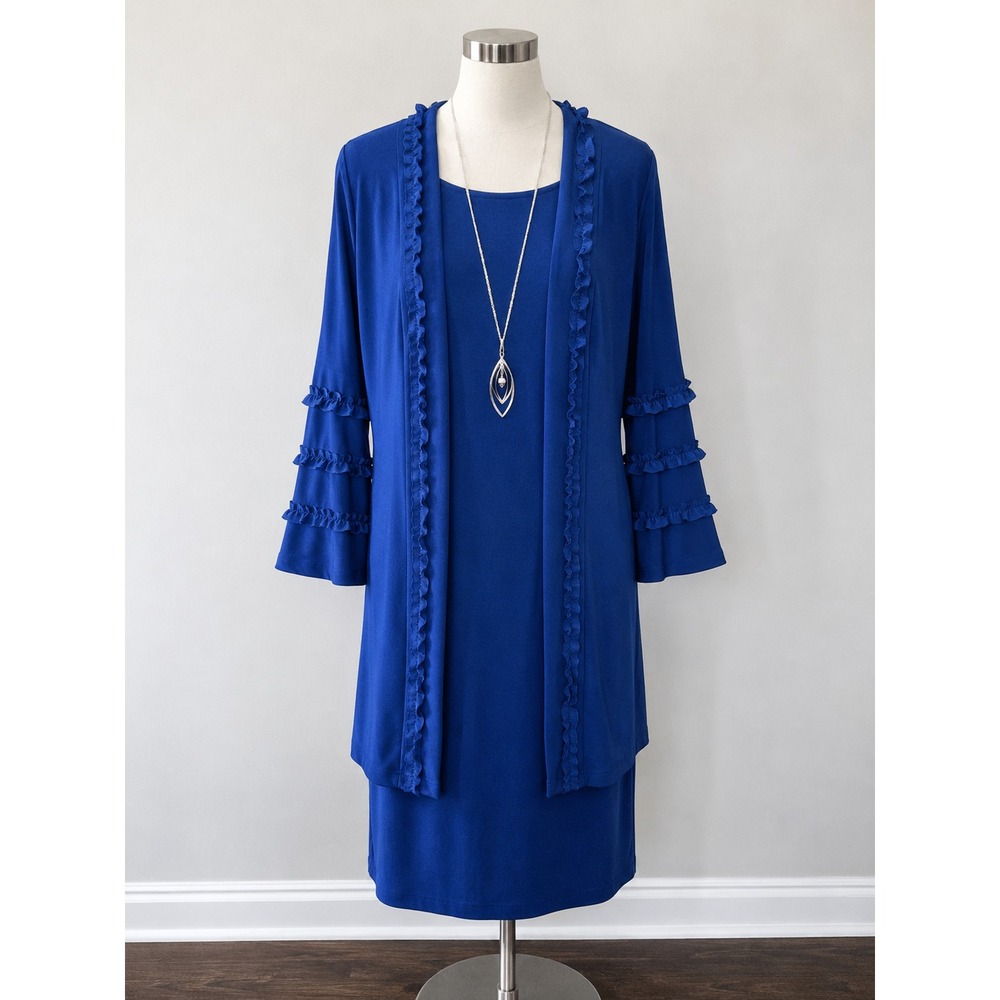 R&M Richards Size 12 Royal Blue 2-Piece Dress Jacket Set with Necklace